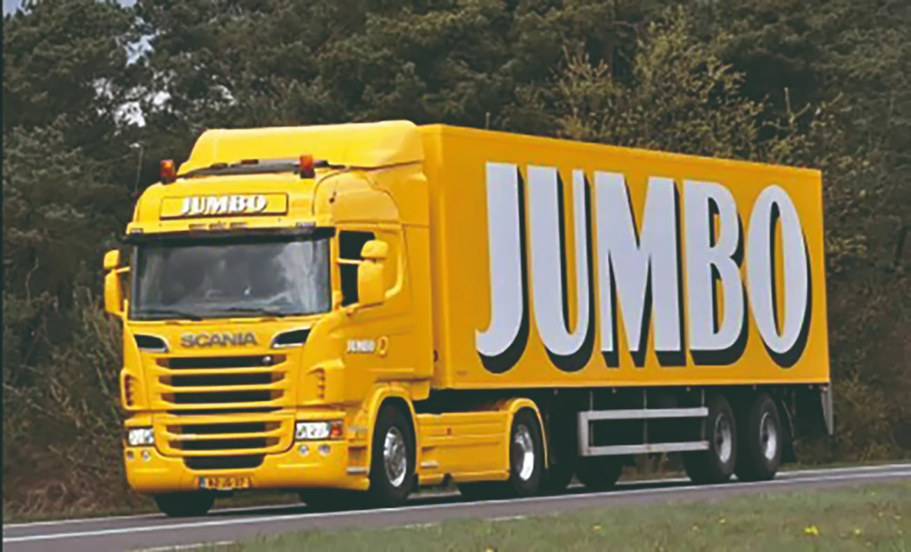 Vervoersreclame op een vrachtwagen van Jumbo